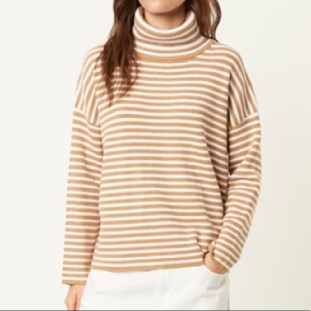 French Connection Tan and White Striped Turtleneck Sweater